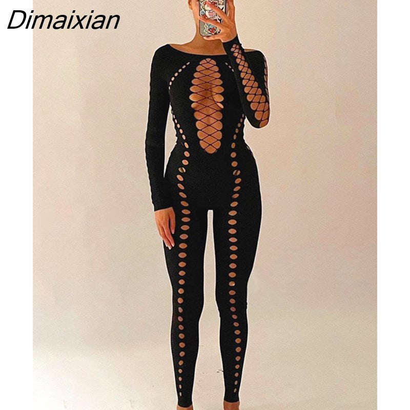 Puss Cross Hollow Sexy Jumpsuit Women See Through Midnight Fitness Skinny Stretchy Activity Birthday Club Party Overalls