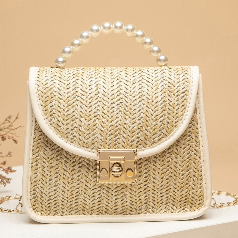 Womens Bag High-quality Pearl Bohemia Summer Girl Bag Pastoral Wind Woven Bag Retro Hand-held Straw Bag Fashion Sidebag