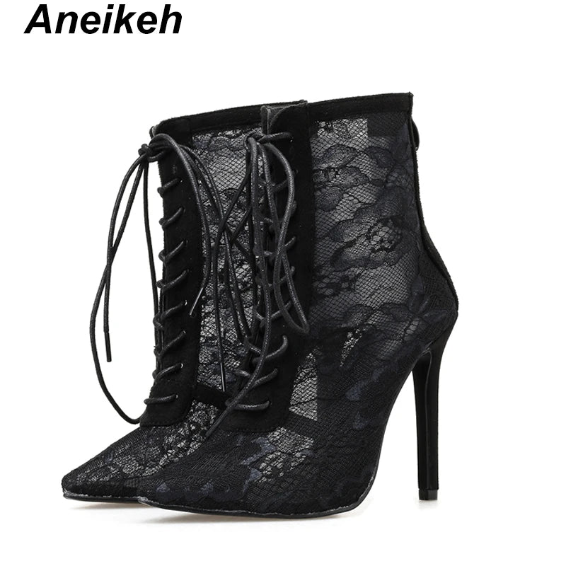 Mesh Women Boots Floral Lace-Up Thin High Heels Ankle Pointed Toed Party Wedding Shoes Black Size 35-40