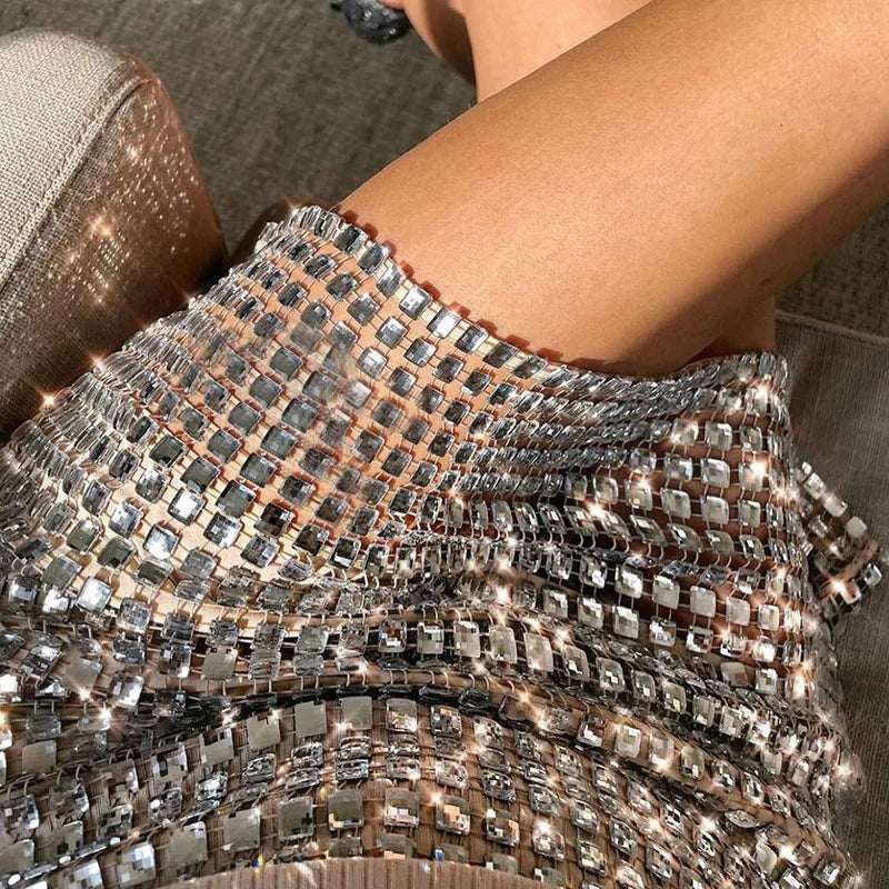 Solid Color Silver Sequin Stitching Casual Mesh Slim Bodycon Mini Skirt Sexy Club Outfits