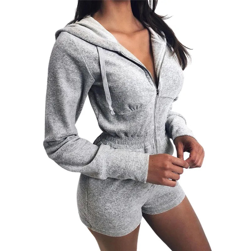 Women Long Sleeve Hooded Jumpsuit Autumn Casual Zipper Solid Color Jumpsuit for Sports Daily Wear Casual Long Sleeve  Bodysuit