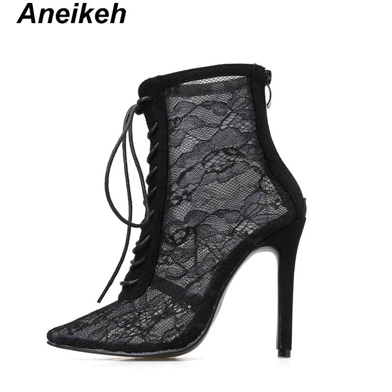 Mesh Women Boots Floral Lace-Up Thin High Heels Ankle Pointed Toed Party Wedding Shoes Black Size 35-40