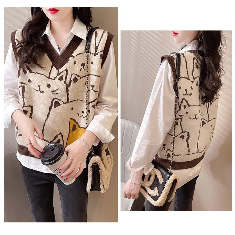 Knitted Sweaters Unisex  Fashion 2024 Autumn Winter Casual Pullovers V-Neck College Style Cat Print Streetwear Knit Vest Sweater