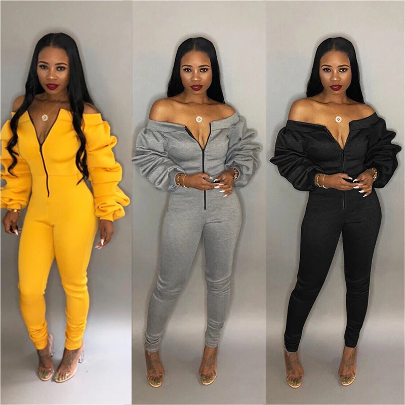 Zipper Front Slash Neck Off Shoulder Jumpsuit Long Puff Sleeve Thick Romper Fashion Solid Color Female Outfits