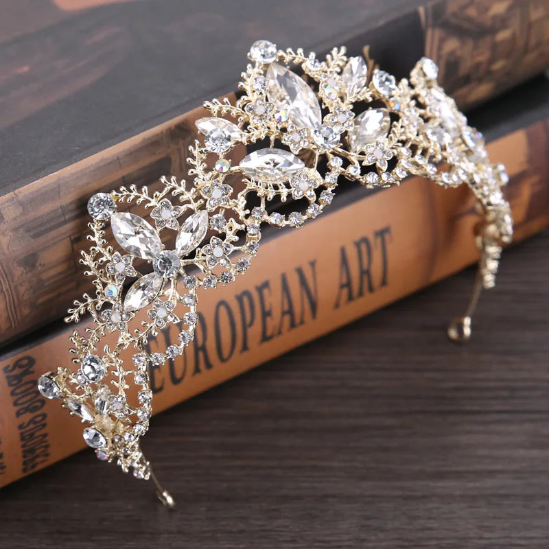 Luxury Crystal AB Bridal Crown Tiaras Light Gold Diadem Tiaras for Women Bride Wedding Hair Accessories