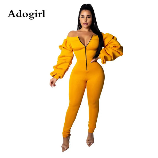 Zipper Front Slash Neck Off Shoulder Jumpsuit Long Puff Sleeve Thick Romper Fashion Solid Color Female Outfits