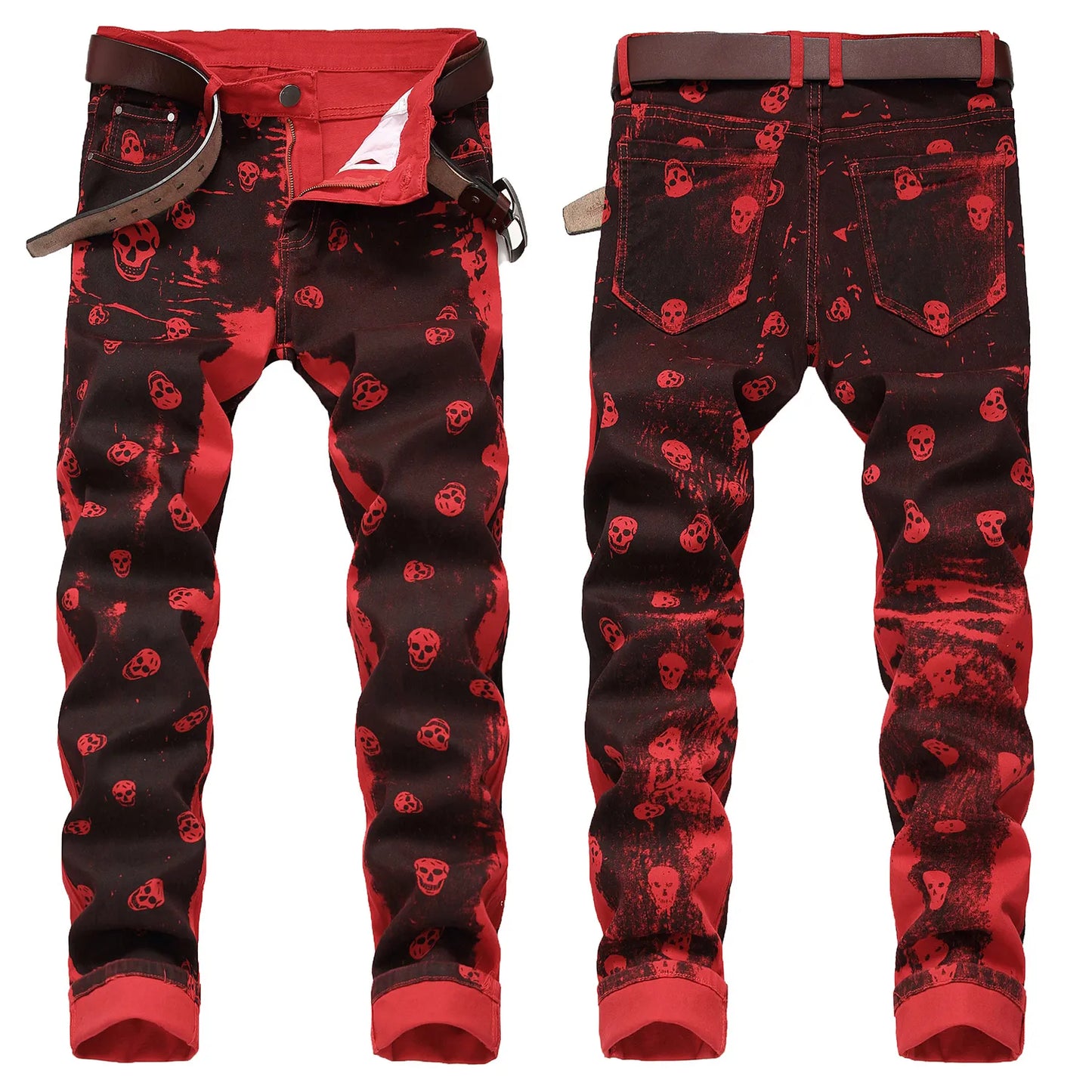 Unisex skull prints elastic denim pants street fashion paint prints red jeans slimming casual pants jeans