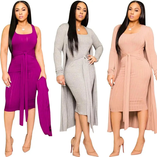 Echoine Autumn Knitted Sweater Bodycon Sleeveless Dress Long Cardigans Coat 2 Piece Set Ribbed Dress Belt Vintage Vestidos