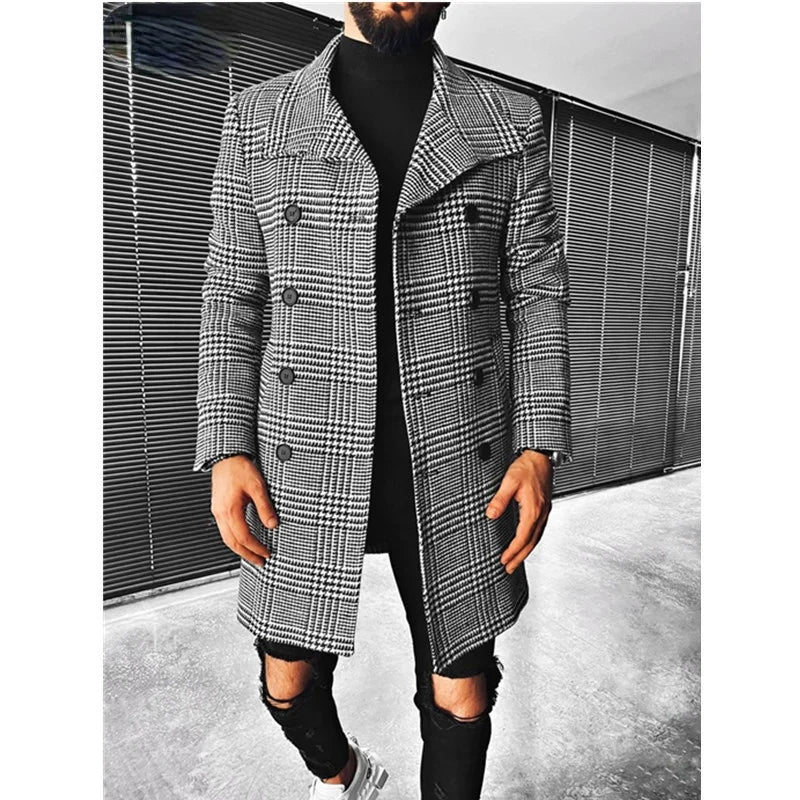 Fashion Unisex Coat Autumn Winter New Fashion Plaid Double Breasted Lapel Coat Mid-long Coat