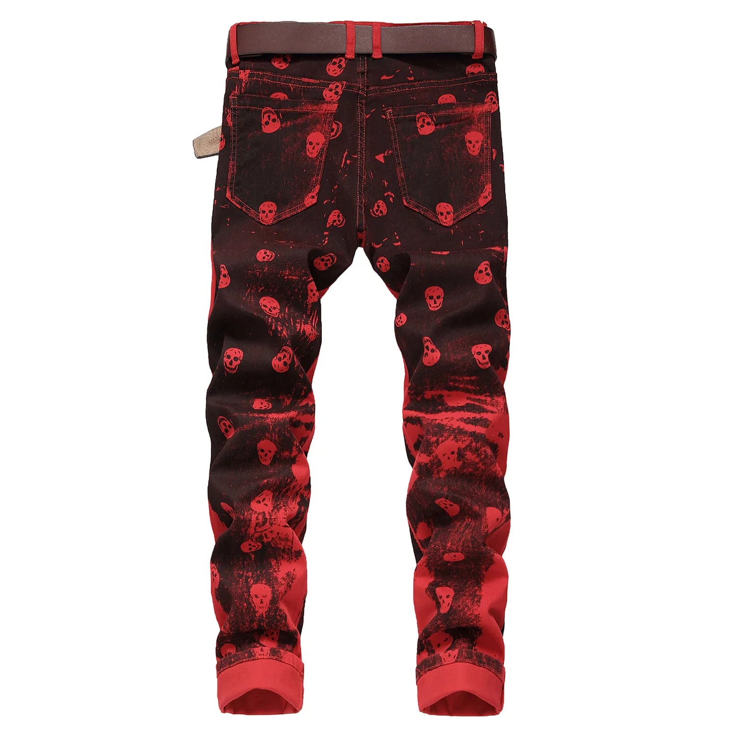 Unisex skull prints elastic denim pants street fashion paint prints red jeans slimming casual pants jeans