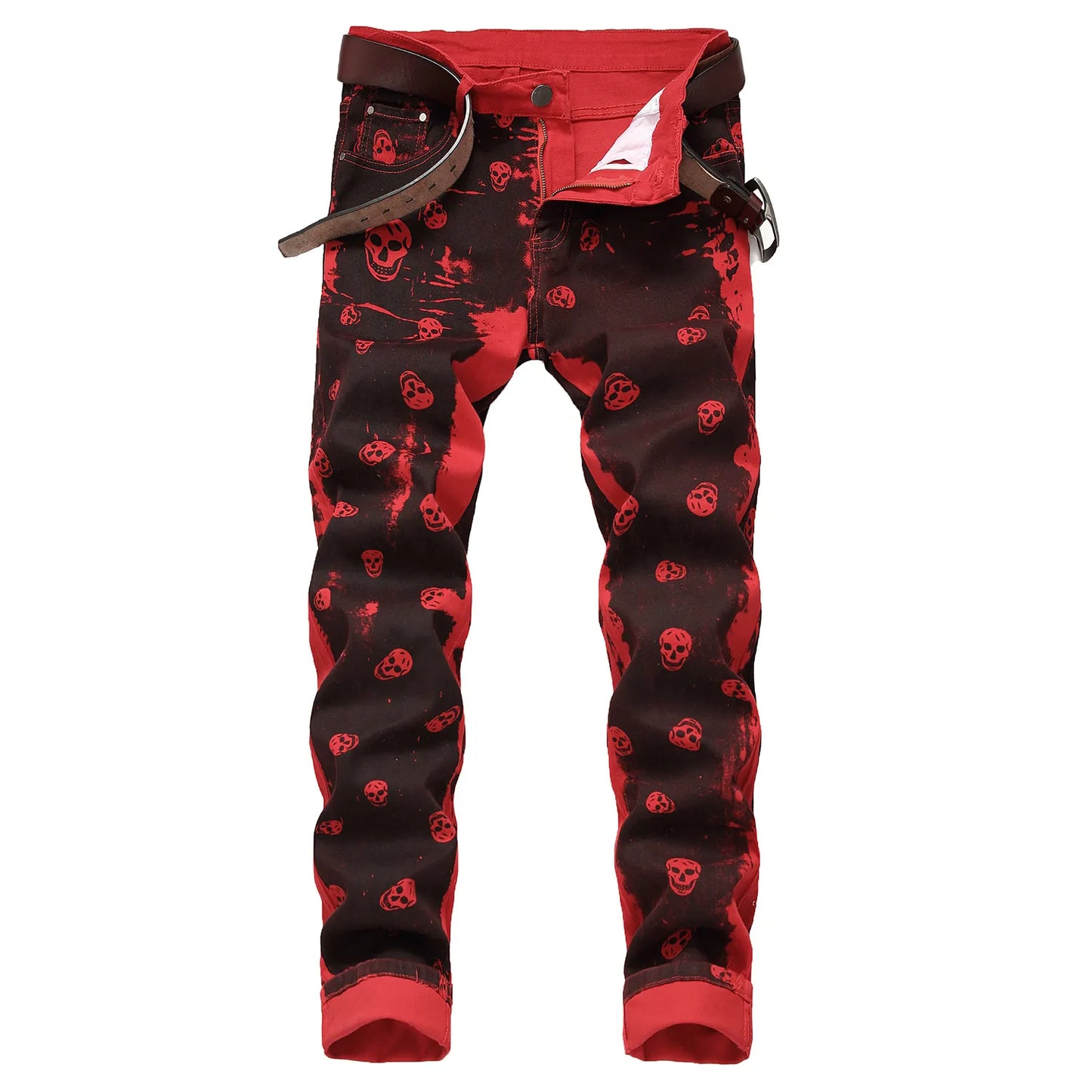 Unisex skull prints elastic denim pants street fashion paint prints red jeans slimming casual pants jeans