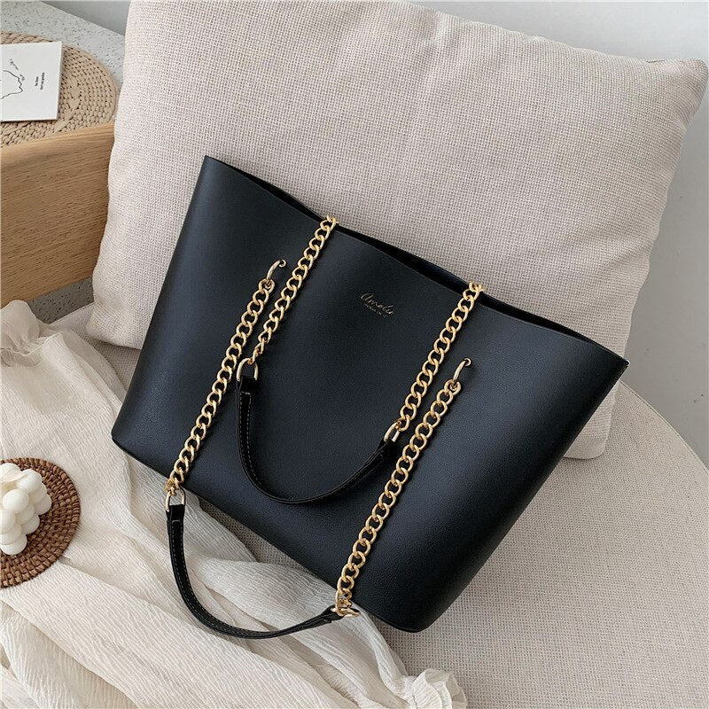 Black Pu Leather Shoulder Bags for Women Handbag Chain Design Large Capacity Tote Bag Luxury Shopper Hand Bag Female Totes New