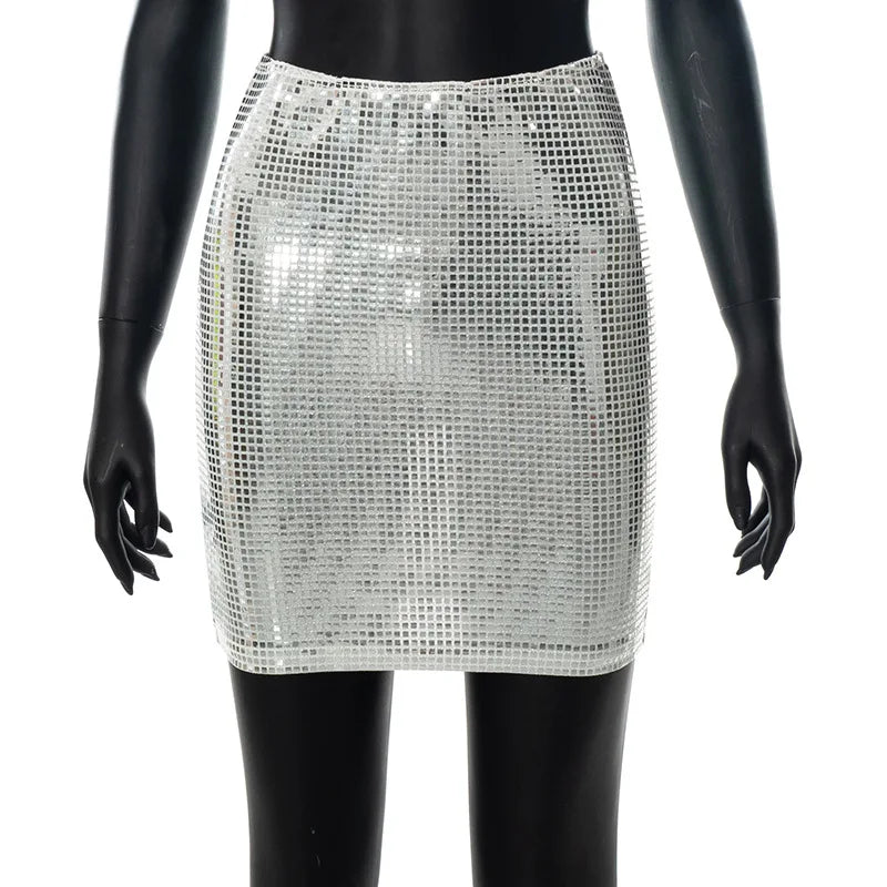 Solid Color Silver Sequin Stitching Casual Mesh Slim Bodycon Mini Skirt Sexy Club Outfits