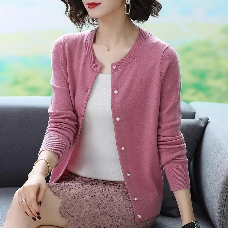 PEONFLY Cardigan Long Sleeve Women Sweaters Loose Knit Sweater Coat O- Neck New Solid Buttons Casual Chic Tops Clothes Coat