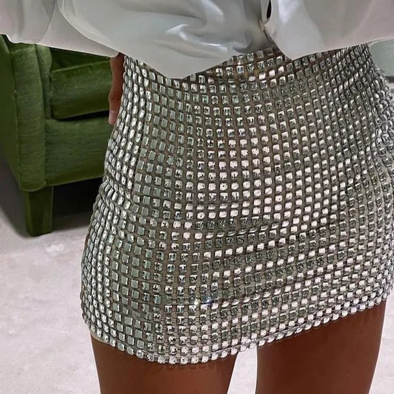 Solid Color Silver Sequin Stitching Casual Mesh Slim Bodycon Mini Skirt Sexy Club Outfits