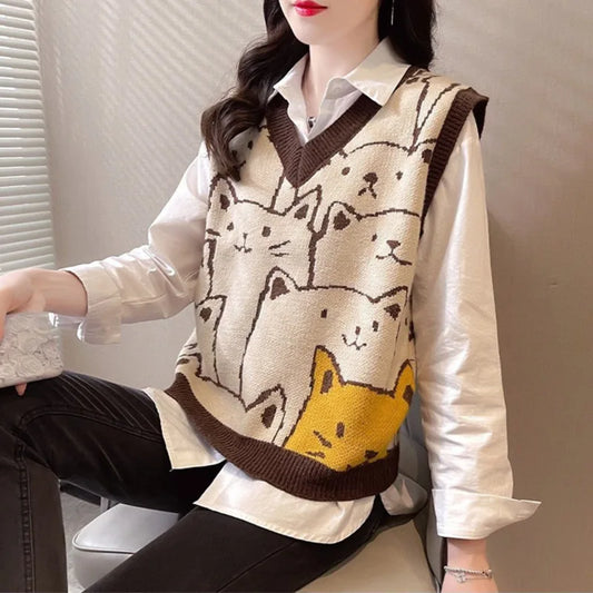 Knitted Sweaters Unisex  Fashion 2024 Autumn Winter Casual Pullovers V-Neck College Style Cat Print Streetwear Knit Vest Sweater