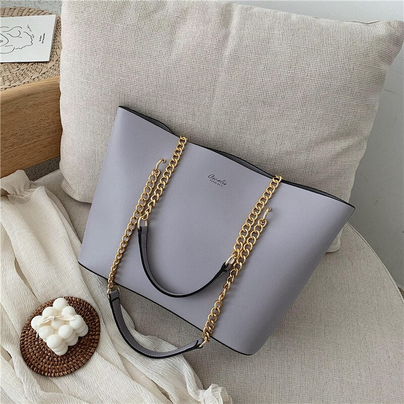 Black Pu Leather Shoulder Bags for Women Handbag Chain Design Large Capacity Tote Bag Luxury Shopper Hand Bag Female Totes New