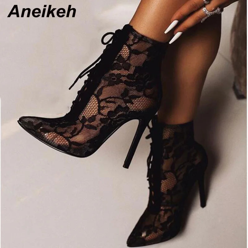 Mesh Women Boots Floral Lace-Up Thin High Heels Ankle Pointed Toed Party Wedding Shoes Black Size 35-40