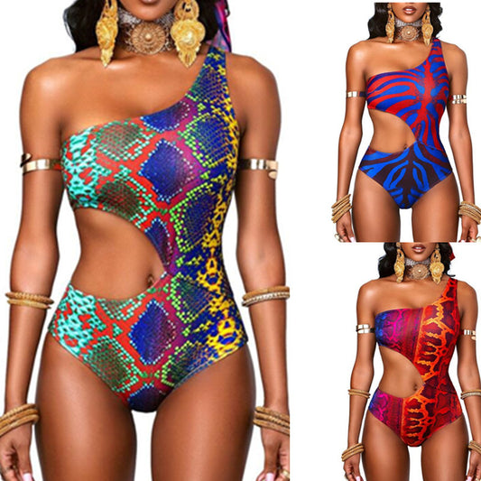 New bikini women's one-piece hollow digital printing one-shoulder slim sexy