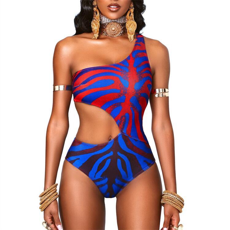 New bikini women's one-piece hollow digital printing one-shoulder slim sexy