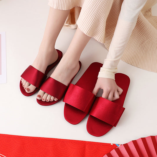 Red summer slippers women's Satin