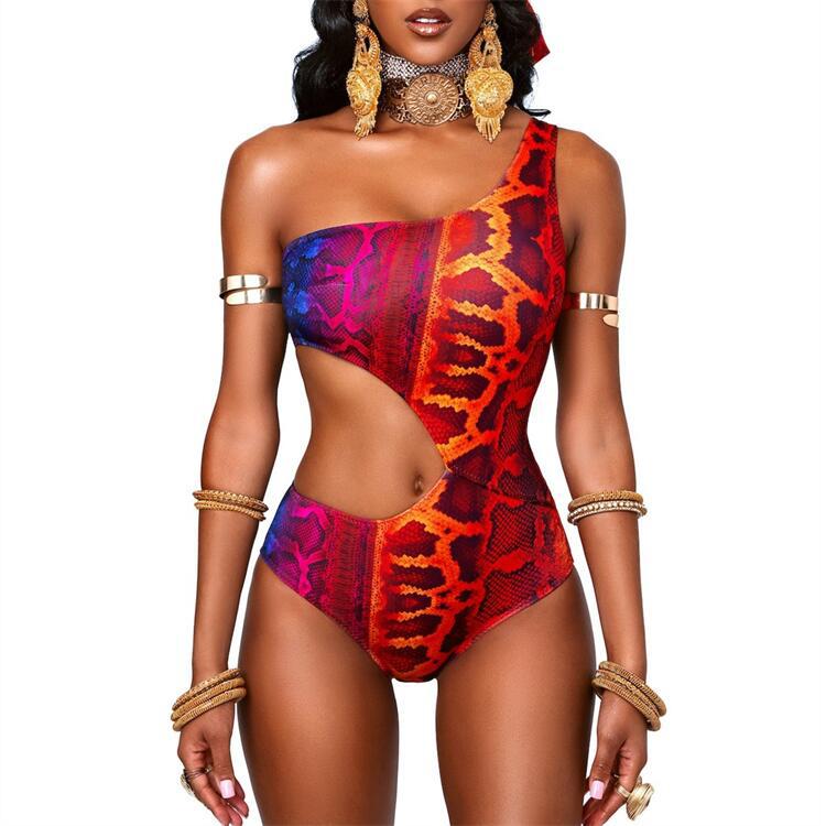 New bikini women's one-piece hollow digital printing one-shoulder slim sexy