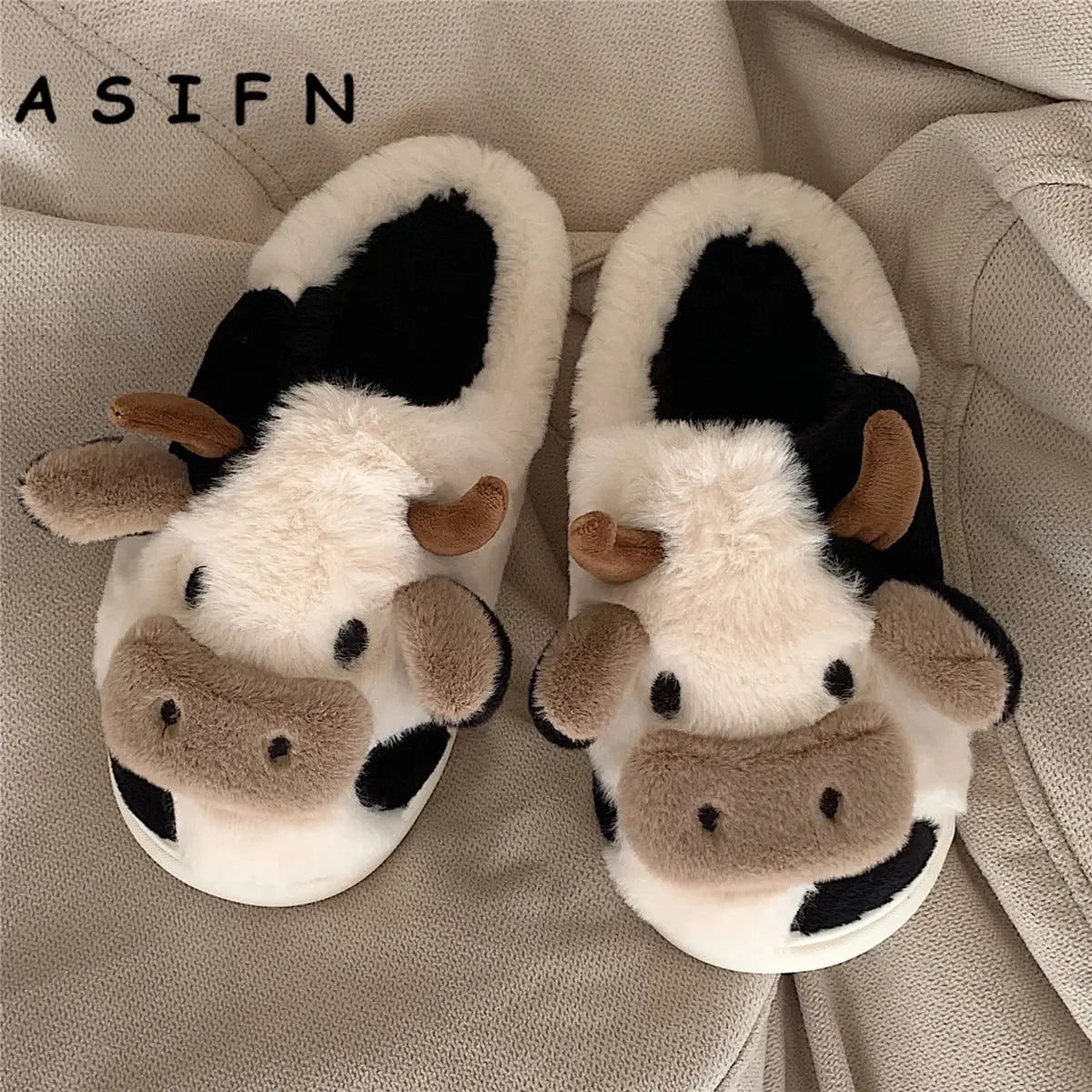 Cute Cow Slippers Women Girls Cushion Slides Fluffy