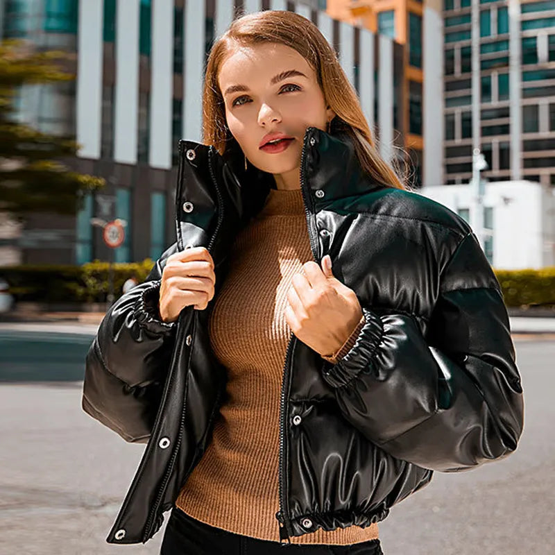 Winter Thick Warm PU Leather Coats Women Short Parkas Female Fashion Elegant Zipper Black Cotton Padded Down Jacket Lady