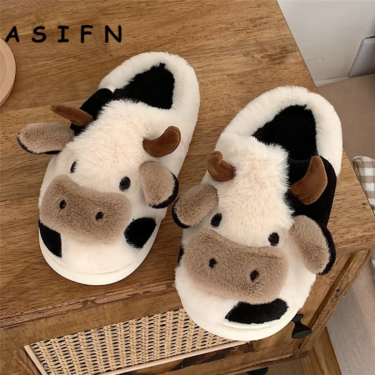 Cute Cow Slippers Women Girls Cushion Slides Fluffy