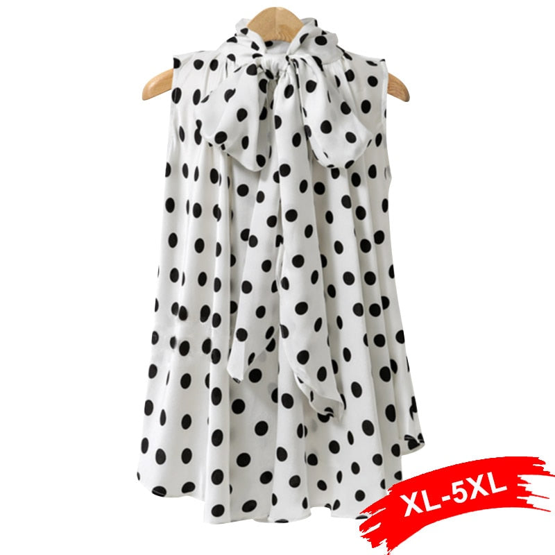 Bow Print Big Dot Turtleneck Blouses Shirts Streetwear Sleeveless Loose Blouse