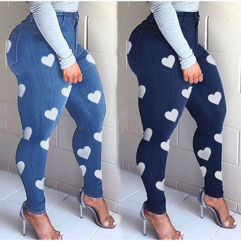 Plus Size Heart Print Skinny Distressed Jeans Mom Vintage Streetwear Women Blue Stretchy Sexy Melody Pencil Denim Pants