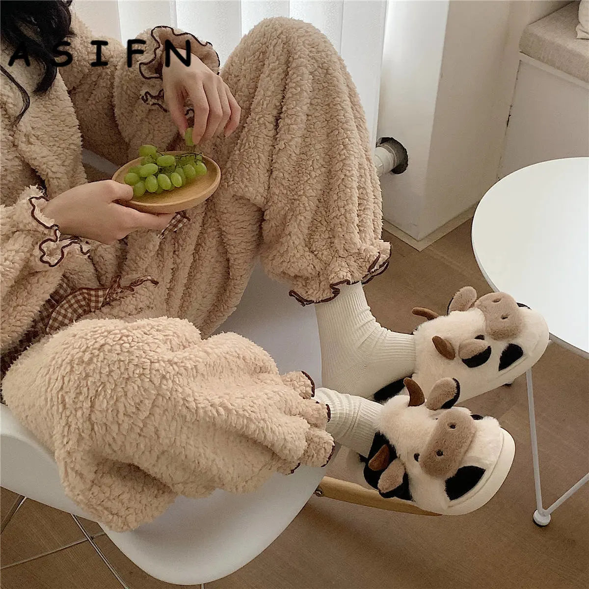 Cute Cow Slippers Women Girls Cushion Slides Fluffy