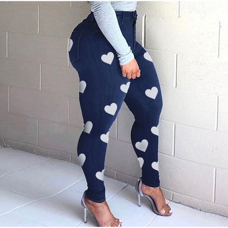 Plus Size Heart Print Skinny Distressed Jeans Mom Vintage Streetwear Women Blue Stretchy Sexy Melody Pencil Denim Pants