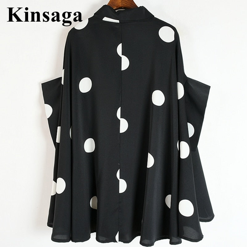 Big Dot Loose Blouse Streetwear Single Breasted Button Up Batwing Three Quarter Sleeve Blusas Shirt Tops