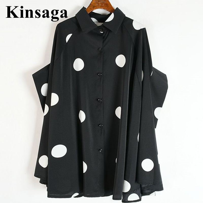 Big Dot Loose Blouse Streetwear Single Breasted Button Up Batwing Three Quarter Sleeve Blusas Shirt Tops