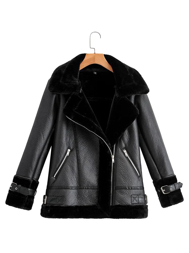 Ailegogo Autumn Winter Coat Women Pu Faux Soft Leather Black White Sheepskin Fur Jacket Female Aviator Outwear Casaco Feminino