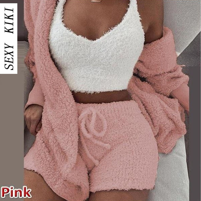 Women's Velvet Pajama Set Top+Shorts+Coat 3-Piece Set Warm Soft Fleece Homewear Christmas Pajamas