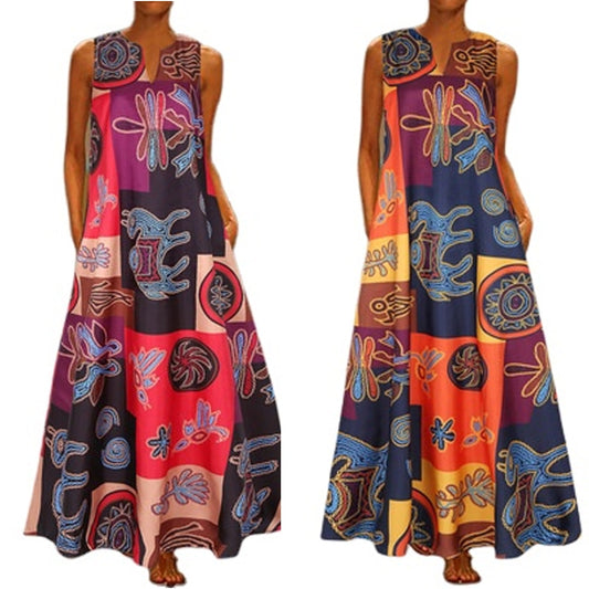 African Dresses for Women Dashiki Floral Print Sleeveless V Neck Bazin Bohemian Maxi Dress Vintage Vestidos