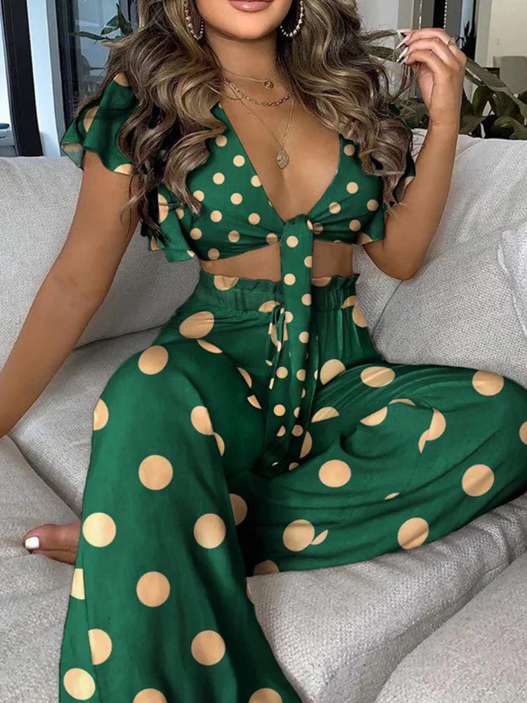 Geometric Colorblock Print Lace Up Elegant Fashion Two Piece Set Women Buttfly Sleeve V Neck Navel High Waist 2 Piece Set Women