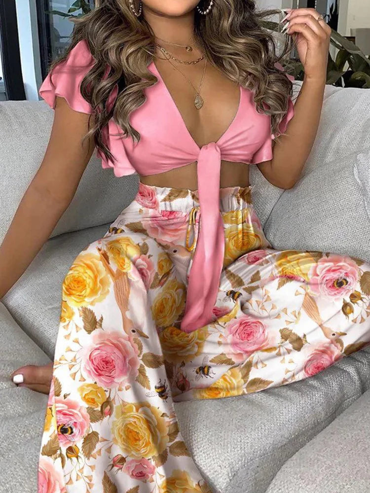 Geometric Colorblock Print Lace Up Elegant Fashion Two Piece Set Women Buttfly Sleeve V Neck Navel High Waist 2 Piece Set Women