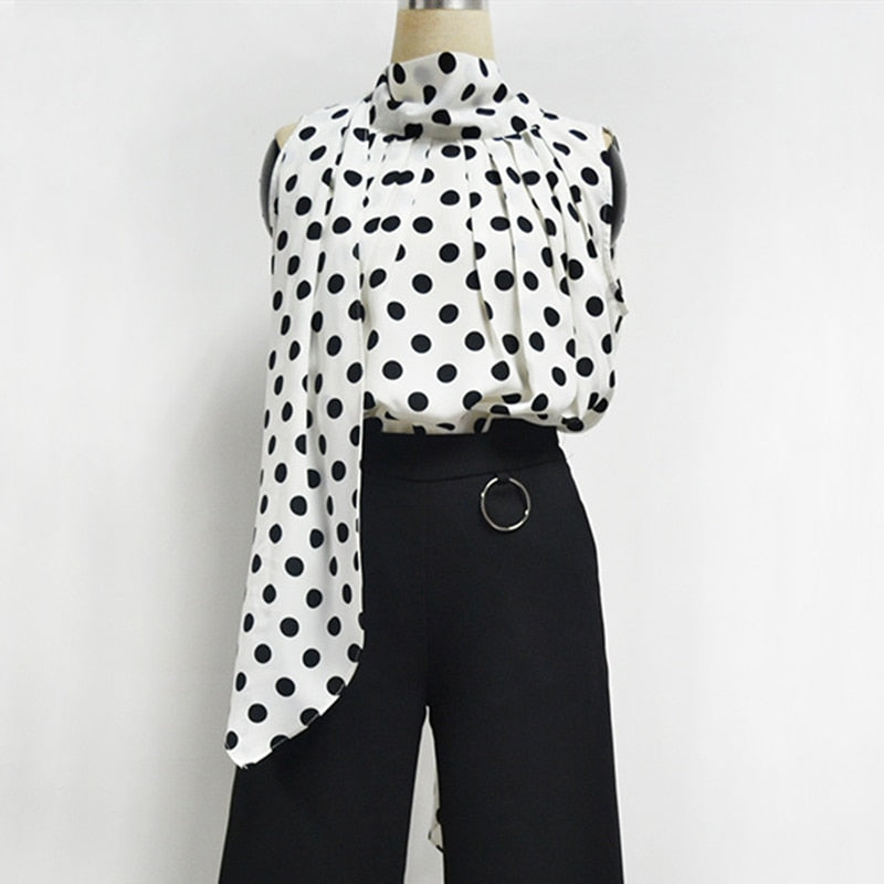 Bow Print Big Dot Turtleneck Blouses Shirts Streetwear Sleeveless Loose Blouse