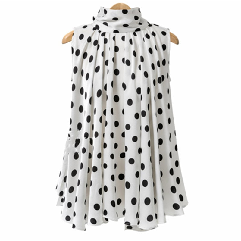 Bow Print Big Dot Turtleneck Blouses Shirts Streetwear Sleeveless Loose Blouse