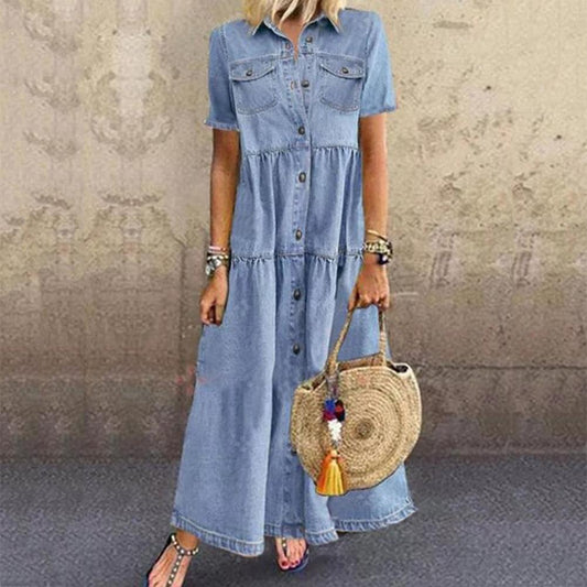 Women Summer Denim Dress Retro Women Short Sleeve Turn Down Collar Pockets Button Long Loose Denim Dress