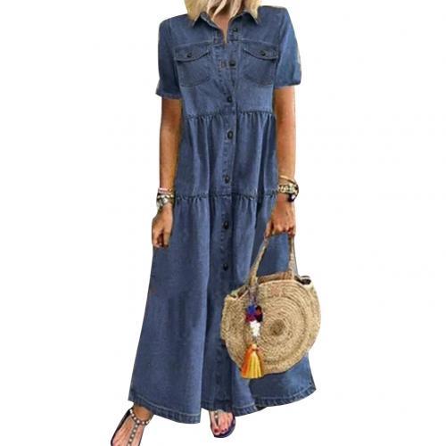 Women Summer Denim Dress Retro Women Short Sleeve Turn Down Collar Pockets Button Long Loose Denim Dress