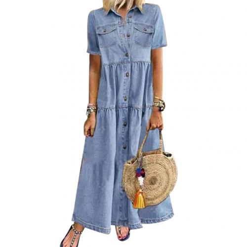 Women Summer Denim Dress Retro Women Short Sleeve Turn Down Collar Pockets Button Long Loose Denim Dress