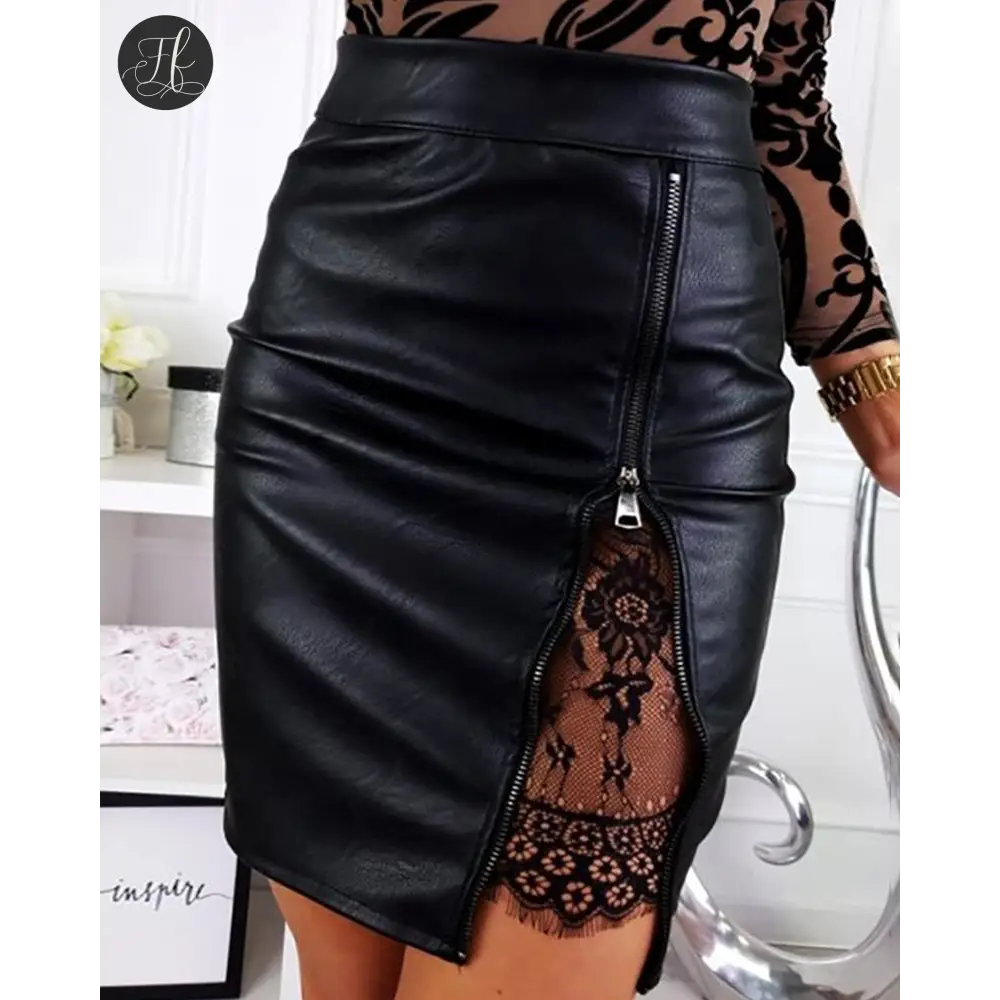 Women's PU Leather Lace Zipper Sexy Skirt