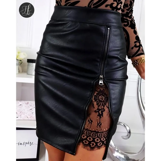 Women's PU Leather Lace Zipper Sexy Skirt