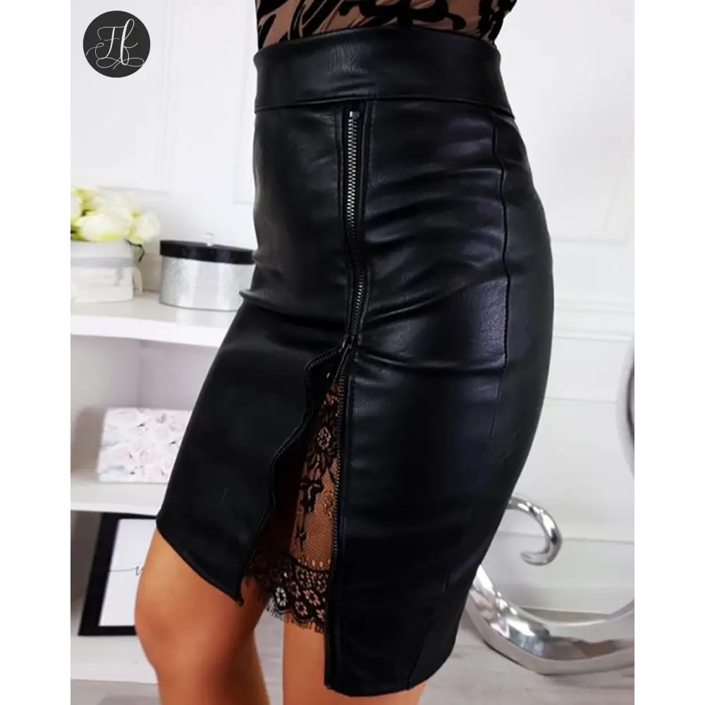 Women's PU Leather Lace Zipper Sexy Skirt