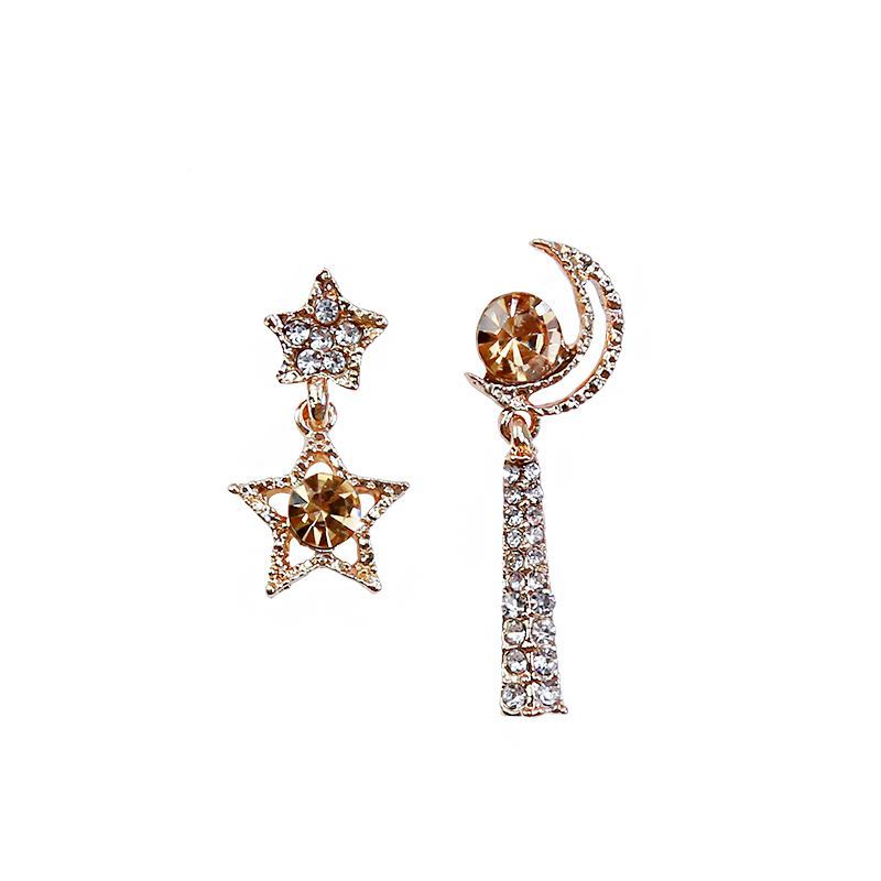 Silver needle asymmetrical stars Moonlight drill earrings