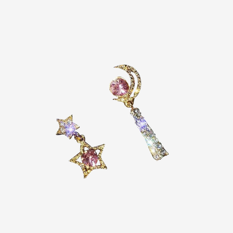 Silver needle asymmetrical stars Moonlight drill earrings